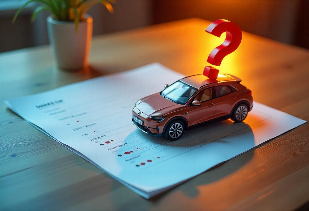 Symbolbild für Fahrzeugbewertung: Auto auf Dokument mit Fragezeichen – welche Fahrzeuge sind verkäuflich?