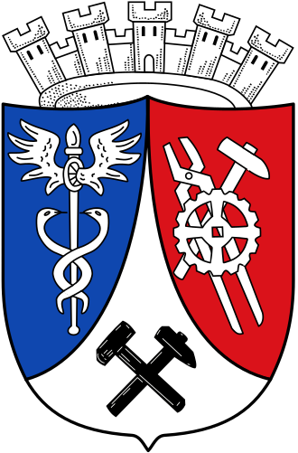 Stadtwappen von Oberhausen – Offizielles Wappensymbol der Stadt Offizielles Stadtwappen von Oberhausen mit schwarzem Anker, silbernem Wellenbalken und rotem Schildhaupt mit Zahnrad