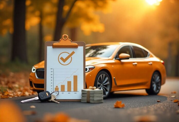 Symbolbild für Autoankauf mit Preisgarantie – Auto mit Preisschild, Haken und Geldsymbol