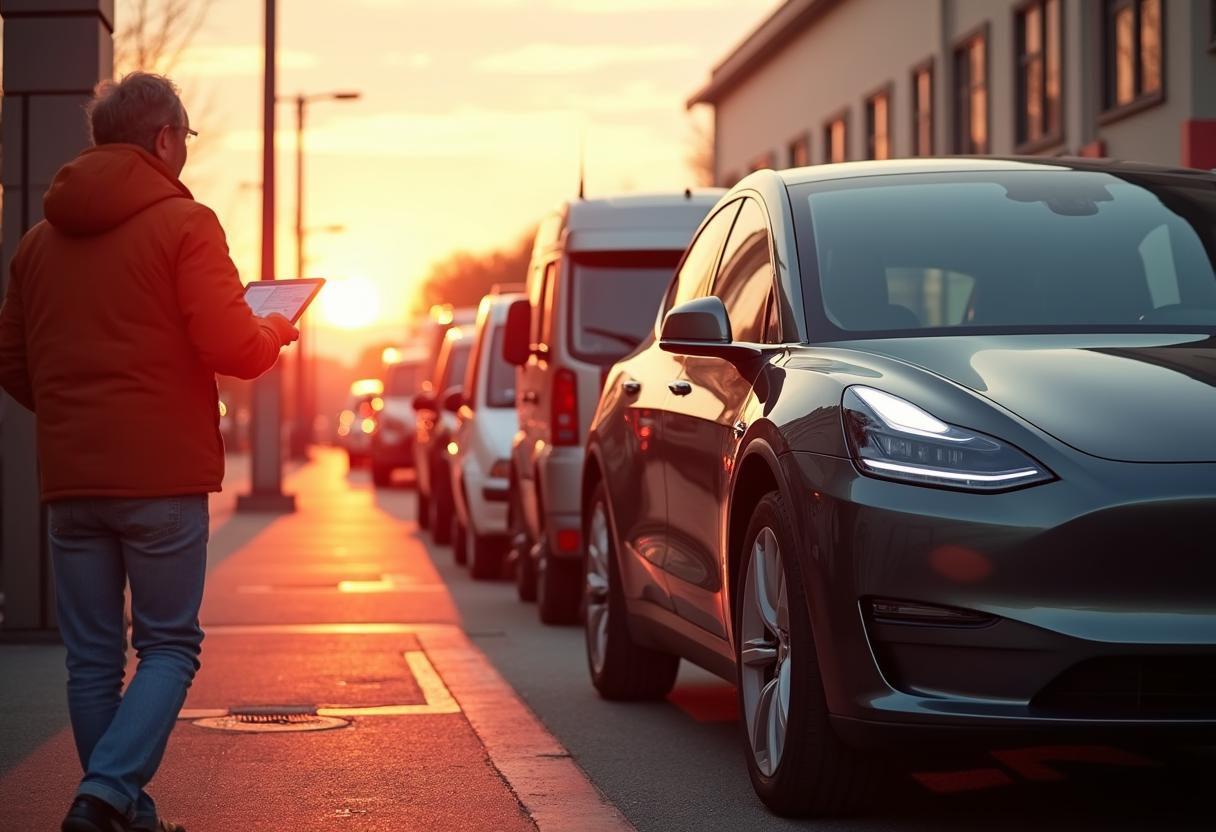 Elektroauto an einer Ladestation während einer Fahrzeugbewertung; im Hintergrund Exportfahrzeug – Symbol für Antriebswende und veränderte PKW-Ankaufsstrukturen.