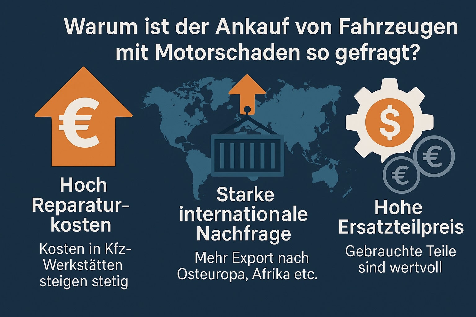 Infografik zeigt die drei wichtigsten Gründe für den boomenden Ankauf von Fahrzeugen mit Motorschaden: steigende Reparaturkosten, starke internationale Nachfrage und hohe Ersatzteilpreise.