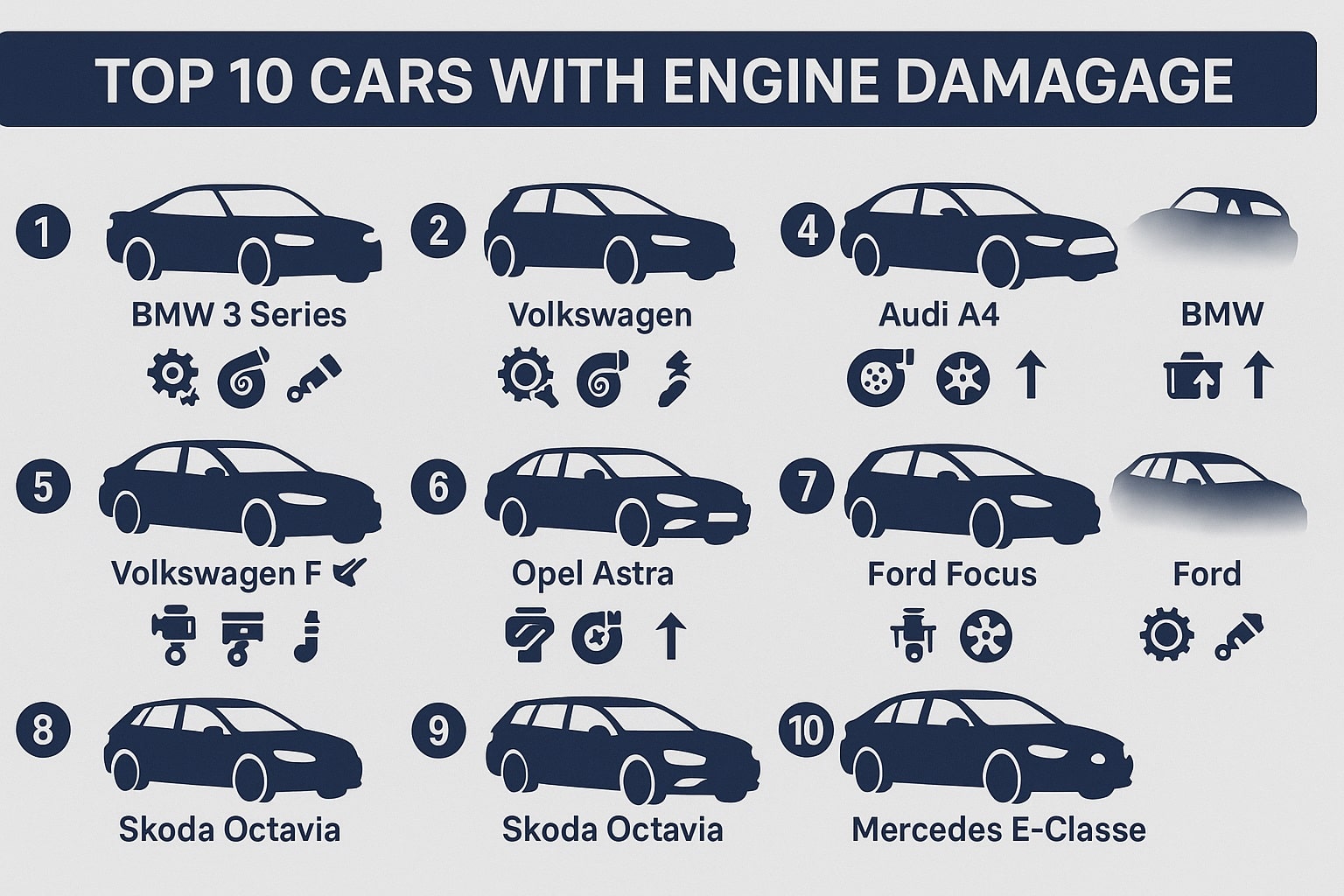 Infografik zeigt die zehn am häufigsten nachgefragten Fahrzeugmodelle im Motorschaden-Ankauf 2025 mit Icons zu typischen Motorschäden, Exportnachfrage und Ersatzteilwert.