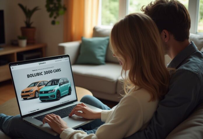 Junges Paar sitzt gemeinsam vor einem Laptop und sucht online nach zuverlässigen Gebrauchtwagen bis 3.000 Euro. Auf dem Bildschirm ist eine Auto-Webseite zu sehen.