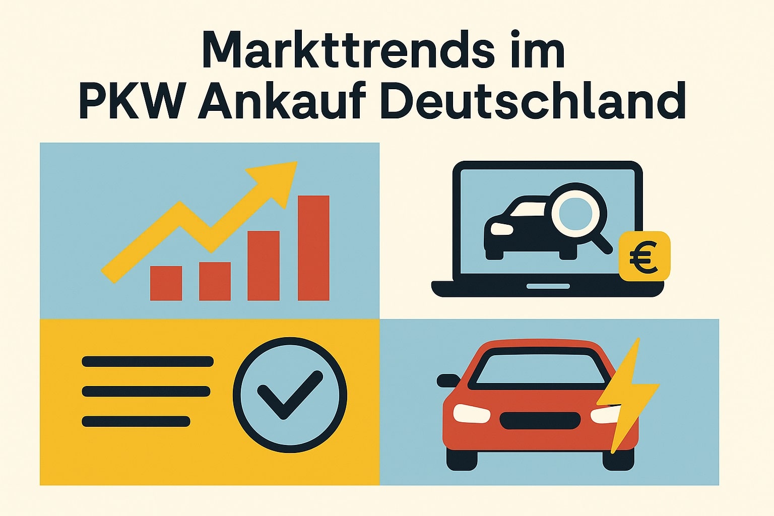 Infografik zeigt zentrale Markttrends im PKW Ankauf in Deutschland mit Symbolen für Preisentwicklung, Online-Bewertung, Fahrzeugprüfung und Antriebswende.