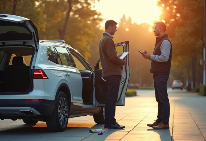 Gepflegter Gebrauchtwagen wird zur Fahrzeugbewertung vorbereitet; Lackkontrolle, gereinigter Innenraum, Serviceheft und digitale Analyse.