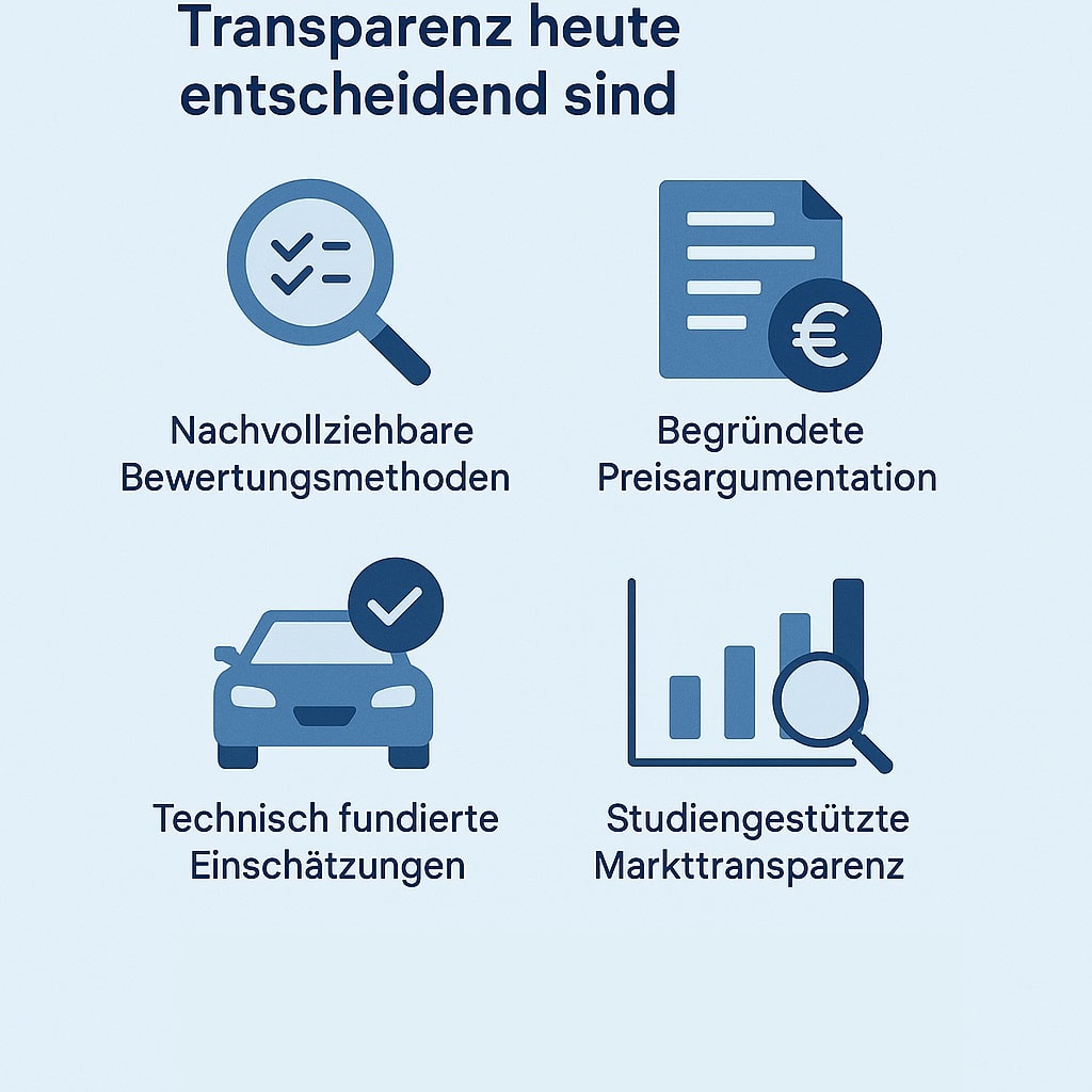 Infografik zeigt zentrale Faktoren für Sachkunde und Transparenz beim PKW Ankauf, darunter Bewertungsmethoden, Preisargumentation, technische Einschätzung und Marktanalysen.
