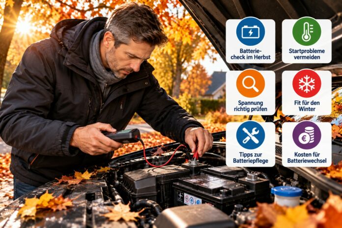 Autofahrer prüft im Herbst die Autobatterie mit einem Batterietester, um Startprobleme bei Kälte zu vermeiden.