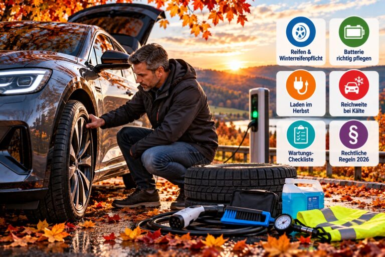 Elektroauto beim Herbstcheck mit Reifenprüfung und Kontrolle des Ladeanschlusses Bildbeschreibung: Wartung eines Elektroautos im Herbst mit Fokus auf Reifen, Batterie und Ladeanschluss.